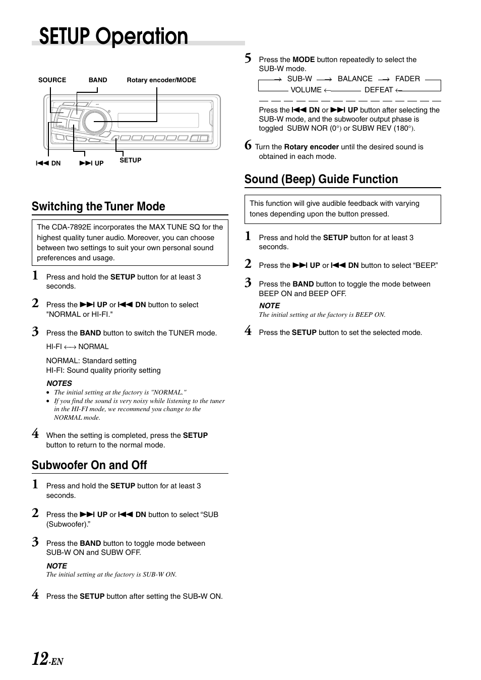 Setup operation, Sound (beep) guide function, Switching the tuner mode | Subwoofer on and off | Alpine CDA-7892E User Manual | Page 14 / 32