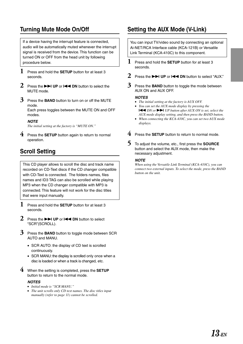 Setting the aux mode (v-link), Turning mute mode on/off, Scroll setting | Alpine CDA-7892E User Manual | Page 15 / 32