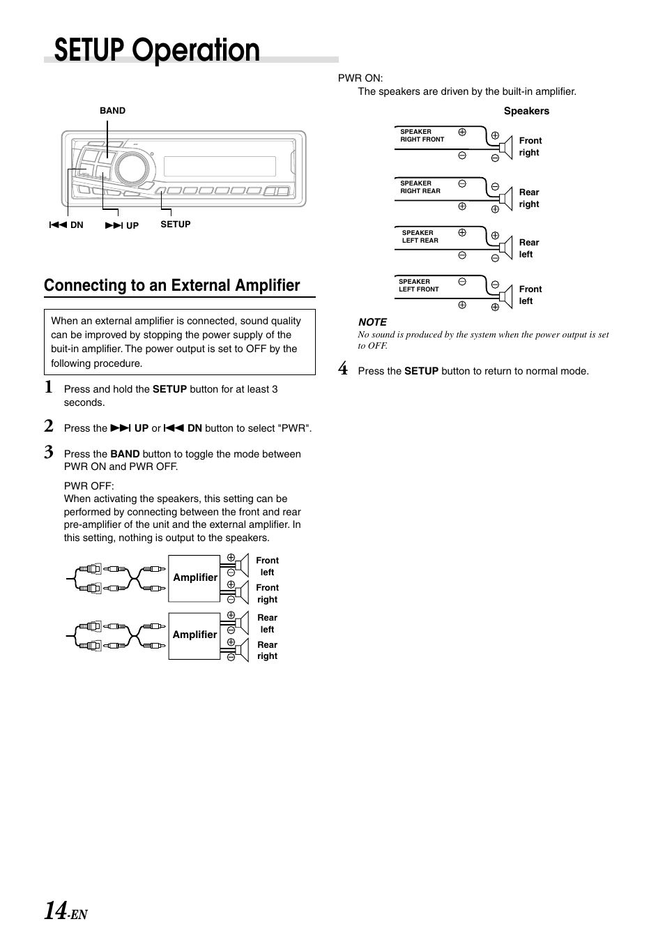 Setup operation, Connecting to an external amplifier | Alpine CDA-7892E User Manual | Page 16 / 32
