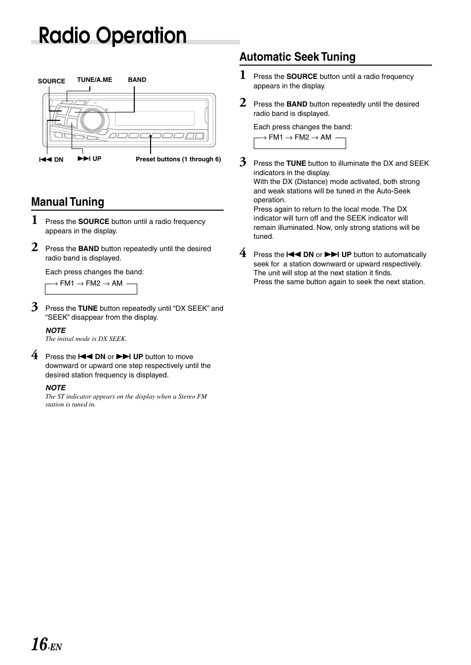 Radio operation, Automatic seek tuning, Manual tuning | Alpine CDA-7892E User Manual | Page 18 / 32