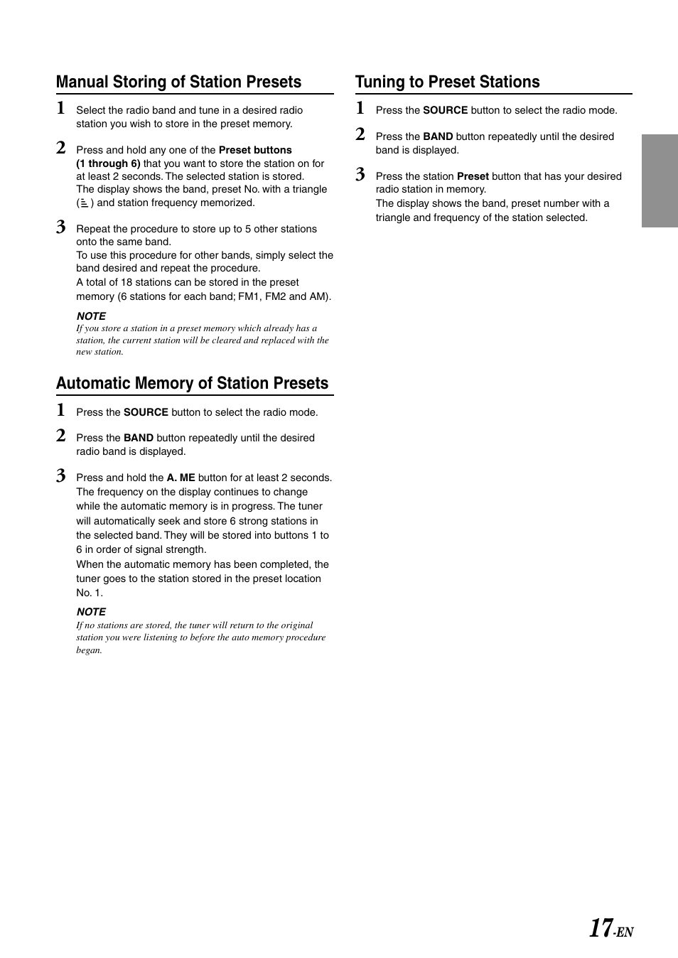 Manual storing of station presets, Tuning to preset stations | Alpine CDA-7892E User Manual | Page 19 / 32