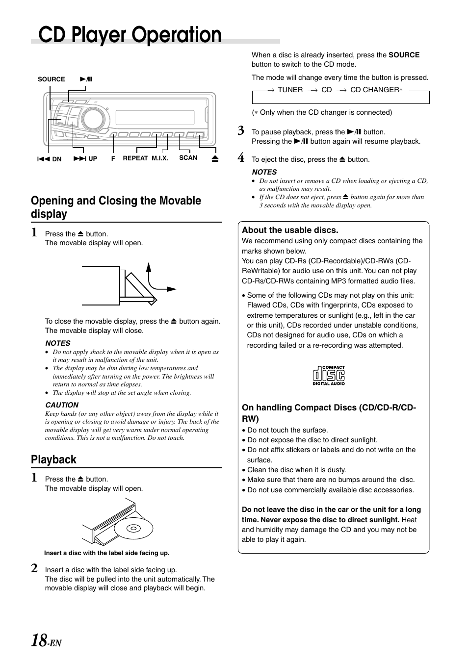 Cd player operation, Opening and closing the movable display, Playback | Alpine CDA-7892E User Manual | Page 20 / 32
