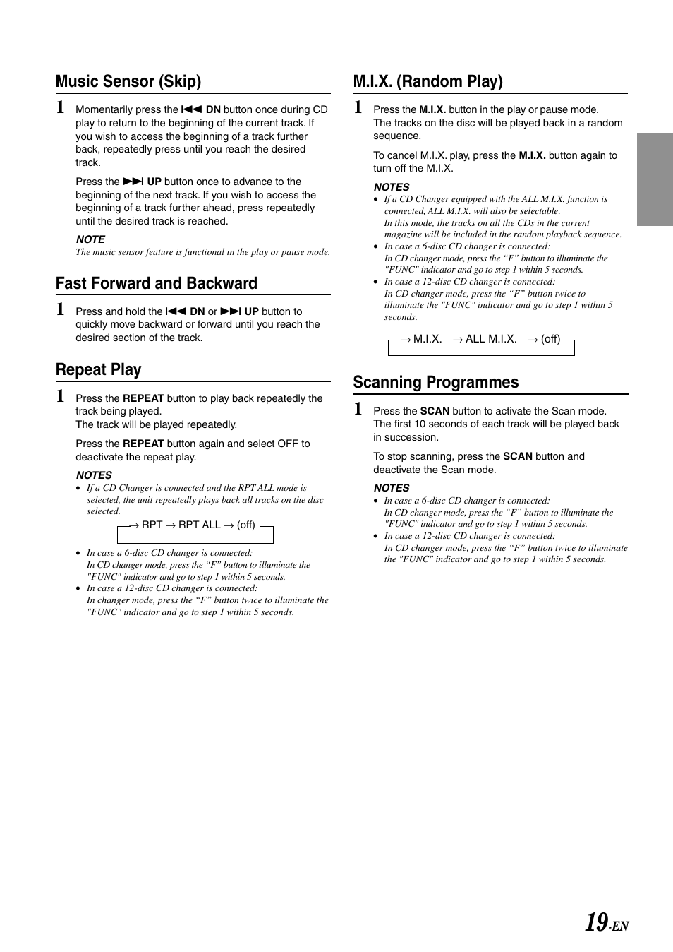 Music sensor (skip), Fast forward and backward, Repeat play | M.i.x. (random play), Scanning programmes | Alpine CDA-7892E User Manual | Page 21 / 32