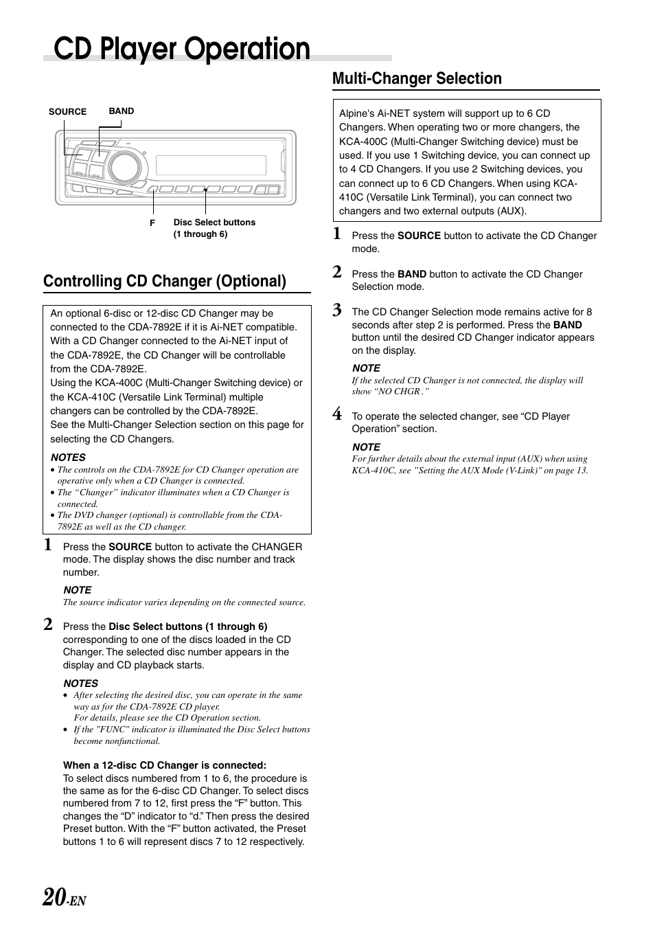 Cd player operation, Multi-changer selection, Controlling cd changer (optional) | Alpine CDA-7892E User Manual | Page 22 / 32