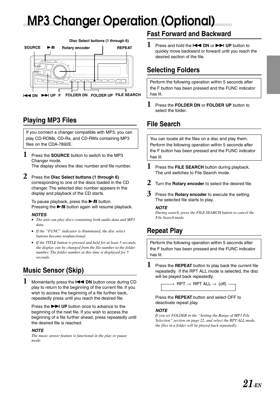 Mp3 changer operation (optional), Playing mp3 files, Music sensor (skip) | Fast forward and backward, Selecting folders, File search, Repeat play | Alpine CDA-7892E User Manual | Page 23 / 32