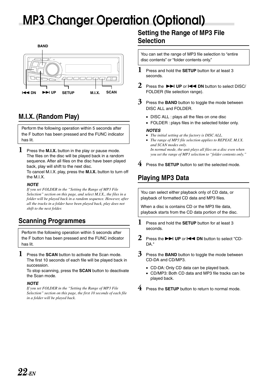 Mp3 changer operation (optional), Setting the range of mp3 file selection, Playing mp3 data | M.i.x. (random play), Scanning programmes | Alpine CDA-7892E User Manual | Page 24 / 32