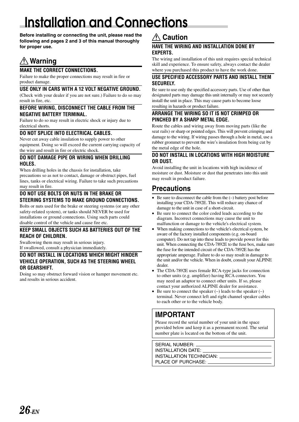 Installation and connections, Caution, Precautions | Important, Warning | Alpine CDA-7892E User Manual | Page 28 / 32