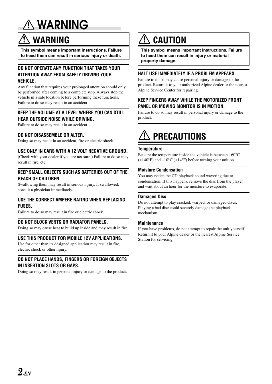 Warning, Caution, Precautions | Alpine CDA-7892E User Manual | Page 4 / 32