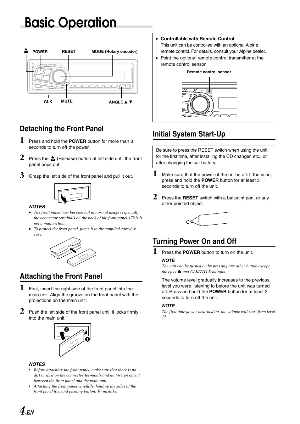 Basic operation, Detaching the front panel, Attaching the front panel | Initial system start-up, Turning power on and off | Alpine CDA-7892E User Manual | Page 6 / 32
