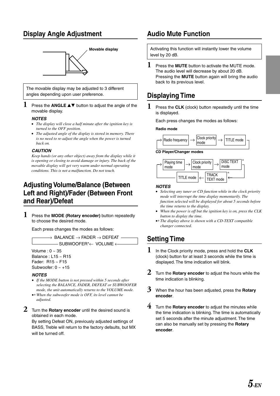 Display angle adjustment, Audio mute function, Displaying time | Setting time | Alpine CDA-7892E User Manual | Page 7 / 32