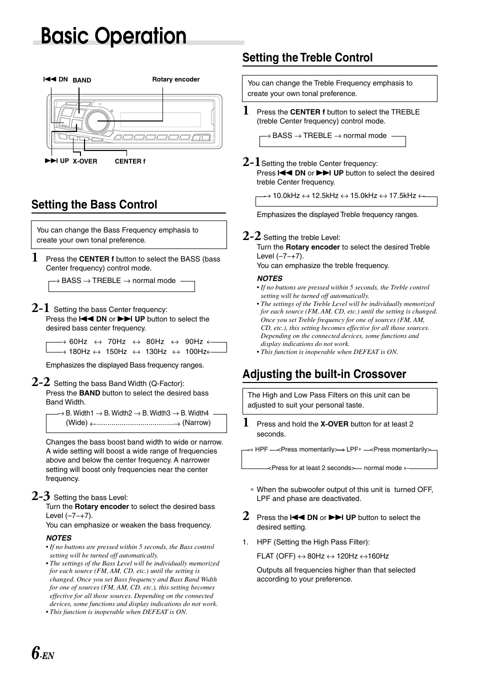 Basic operation, Setting the treble control, Adjusting the built-in crossover | Setting the bass control | Alpine CDA-7892E User Manual | Page 8 / 32
