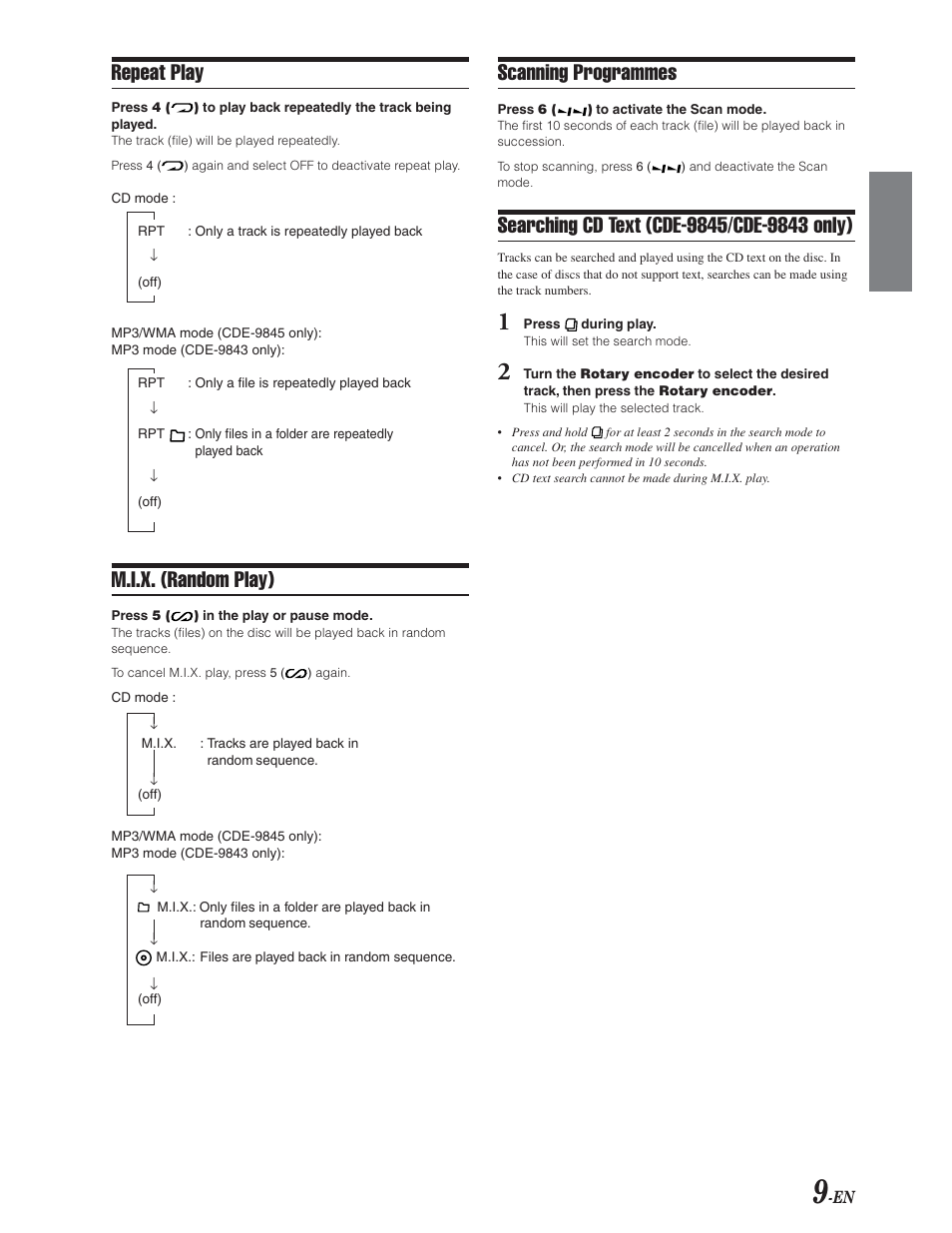 Repeat, Random, Scan | Cd text search, Scanning programmes, Repeat play, M.i.x. (random play) | Alpine CDE-9841 User Manual | Page 10 / 27
