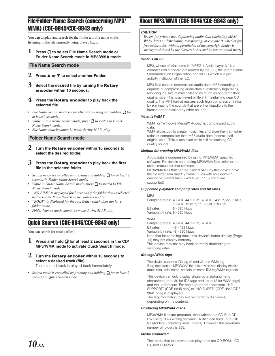 Quick search (cde-9843/ cde-9845 only), Mp3 / wma format info | Alpine CDE-9841 User Manual | Page 11 / 27