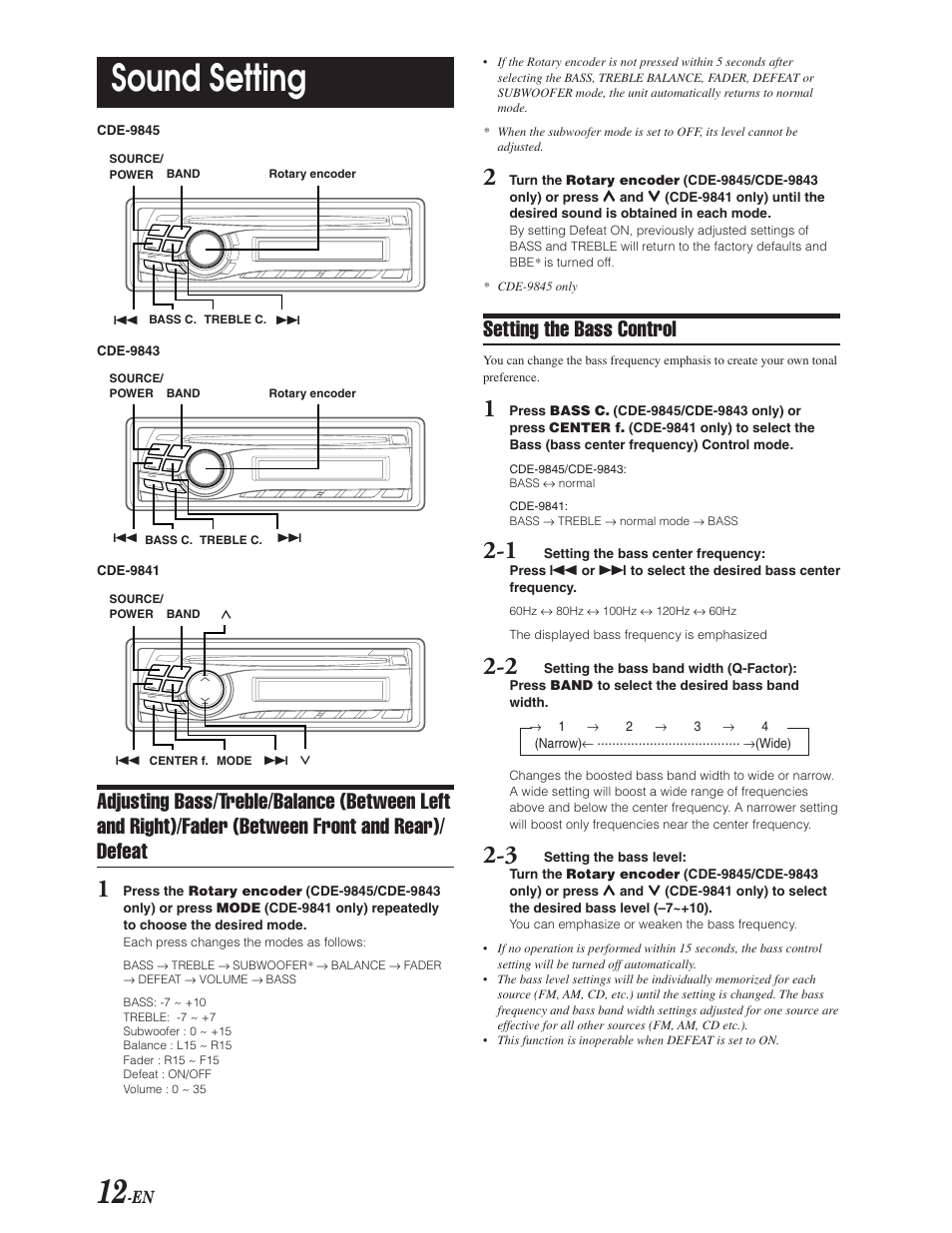 Sound settings, Bass / treble / balance / fader, Setting bass control | Sound setting, Setting the bass control | Alpine CDE-9841 User Manual | Page 13 / 27
