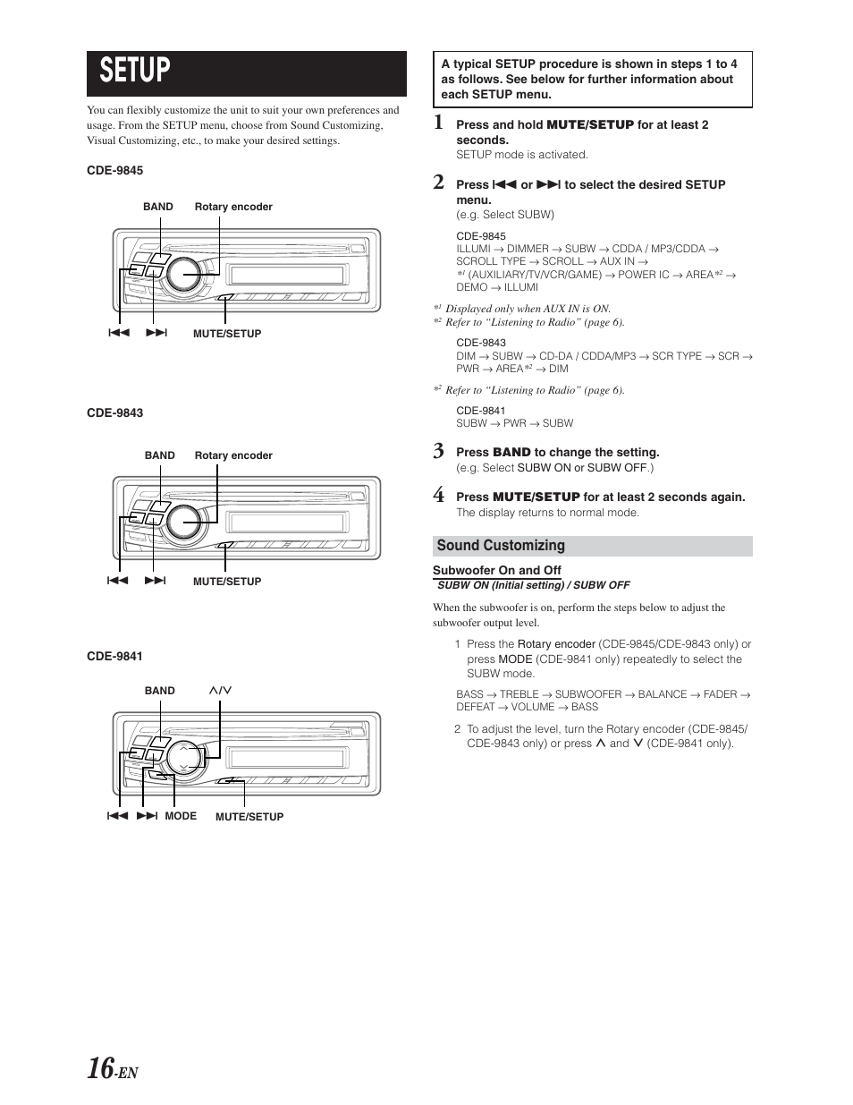 System setup, Navigating the menu system, Sound customizing | Setup | Alpine CDE-9841 User Manual | Page 17 / 27
