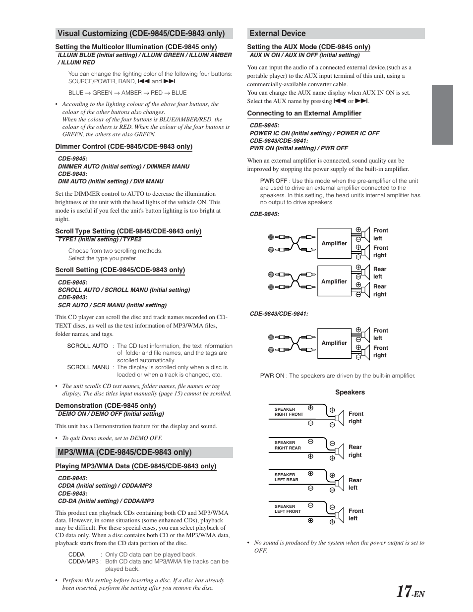 Aux in (cde-9845 only), Visual customizing (cde-9843 / cde-9845 only), Mp3 / wma settings (cde-9843 / cde-9845 only) | External device, En external device | Alpine CDE-9841 User Manual | Page 18 / 27