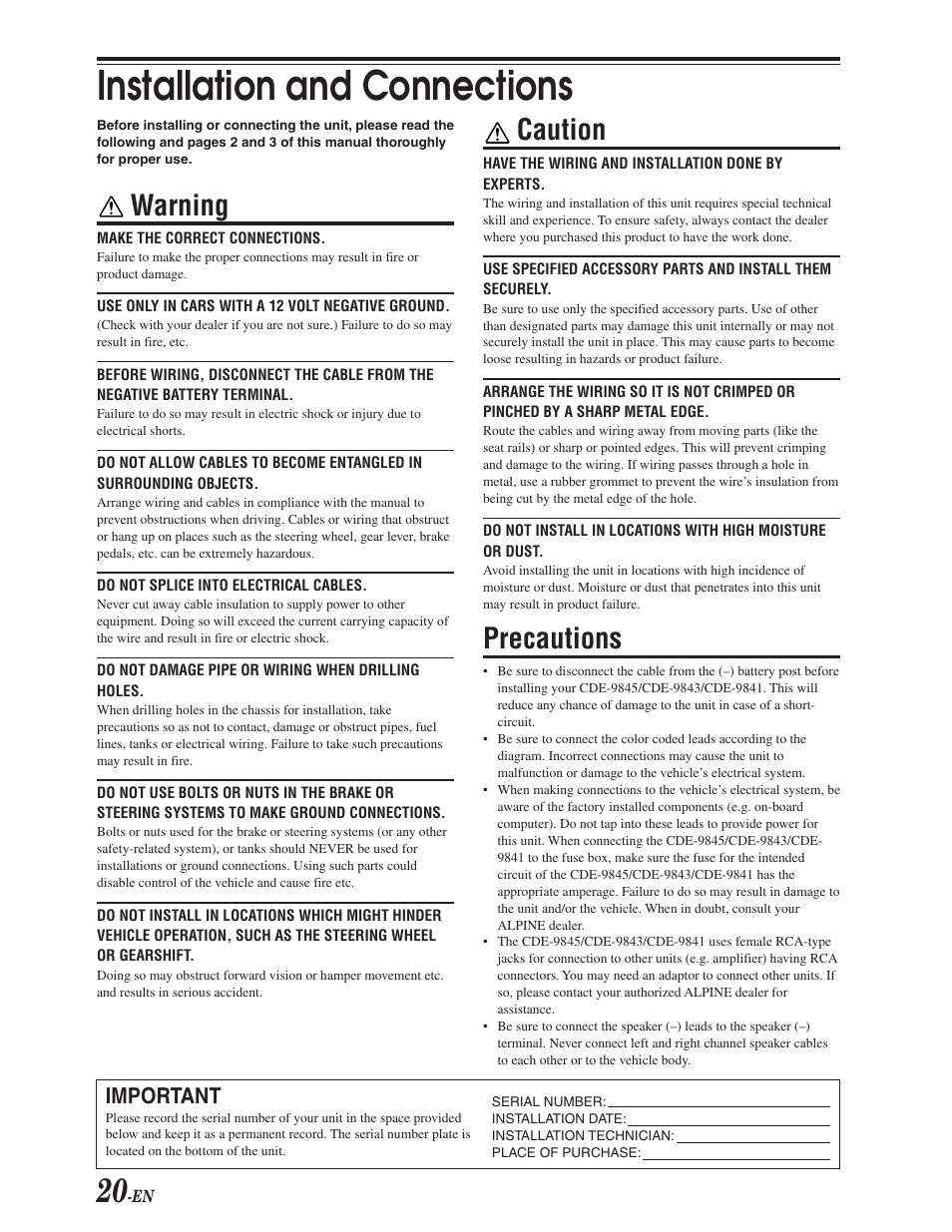 Installation and connections, Caution, Precautions | Warning, Important | Alpine CDE-9841 User Manual | Page 21 / 27