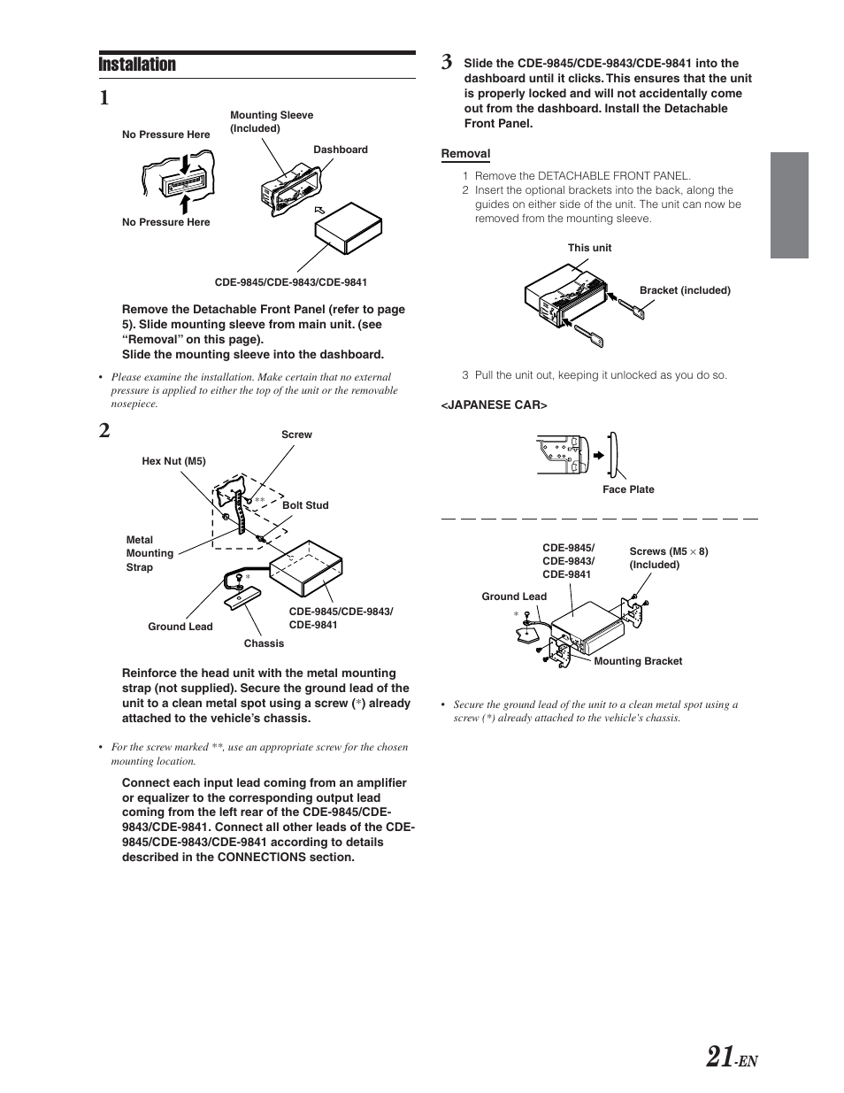 Installation / removal, Installation | Alpine CDE-9841 User Manual | Page 22 / 27