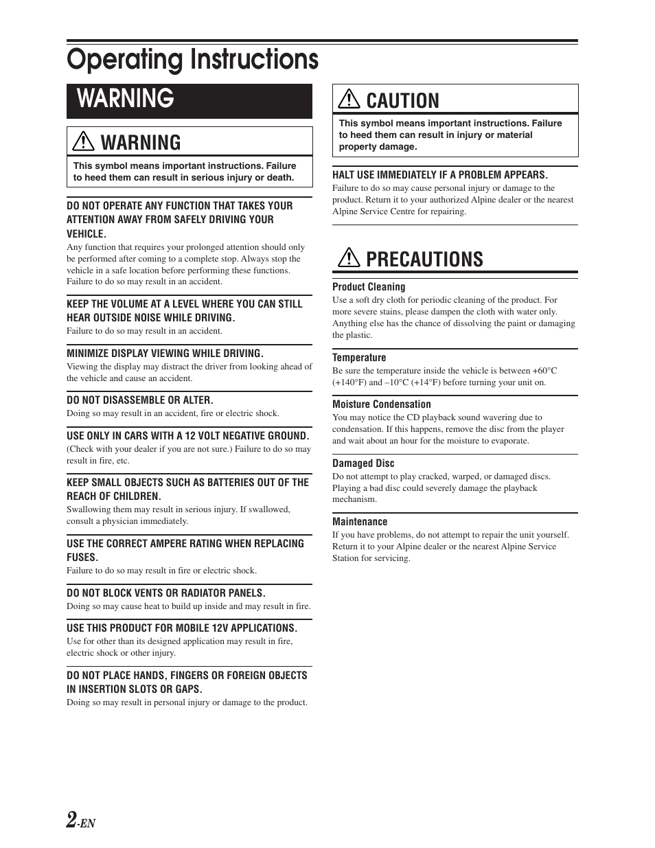 Operating instructions, Warning, Caution | Precautions | Alpine CDE-9841 User Manual | Page 3 / 27