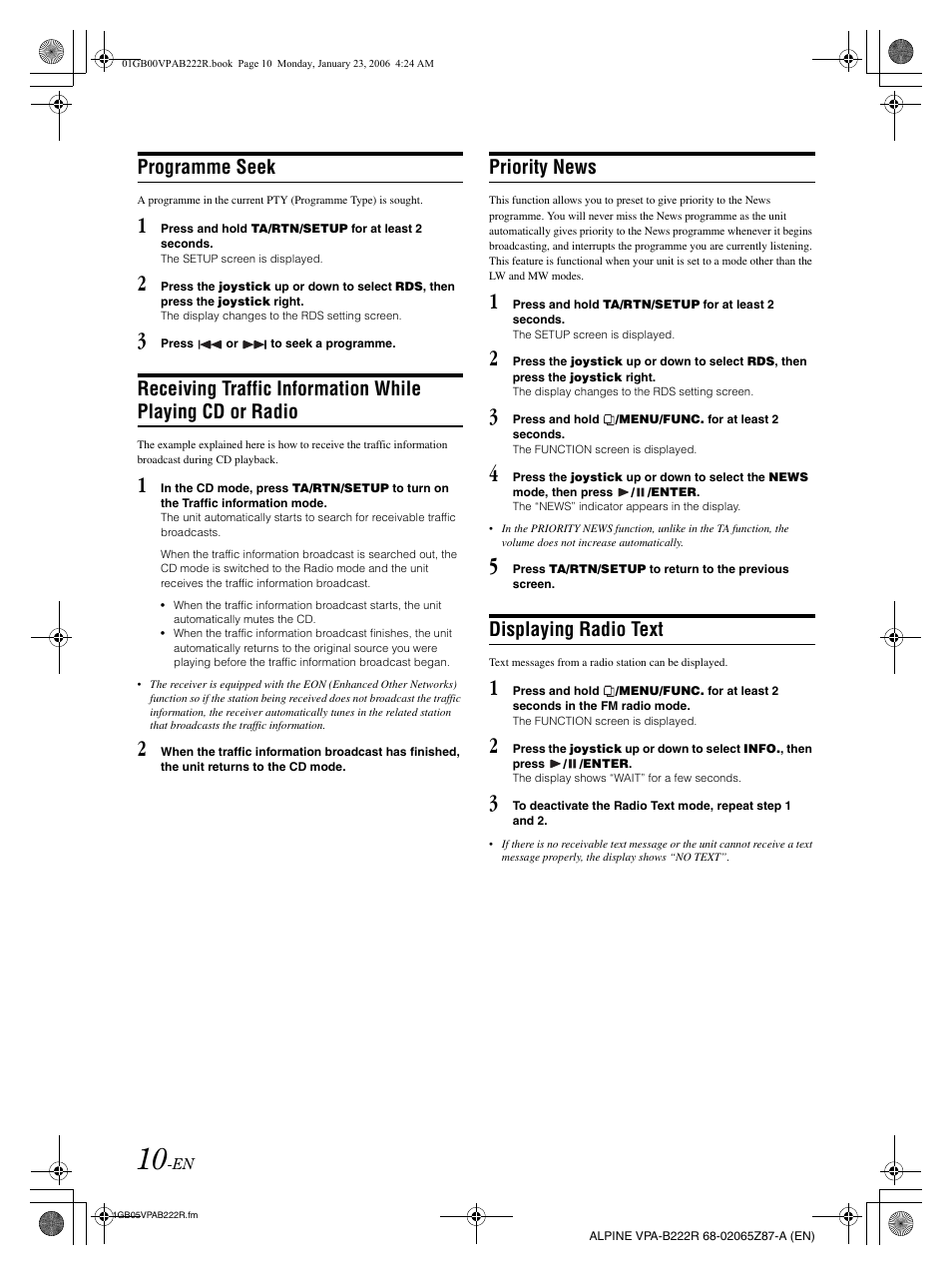 Programme seek, Priority news, Displaying radio text | Alpine VPA-B222R User Manual | Page 11 / 77