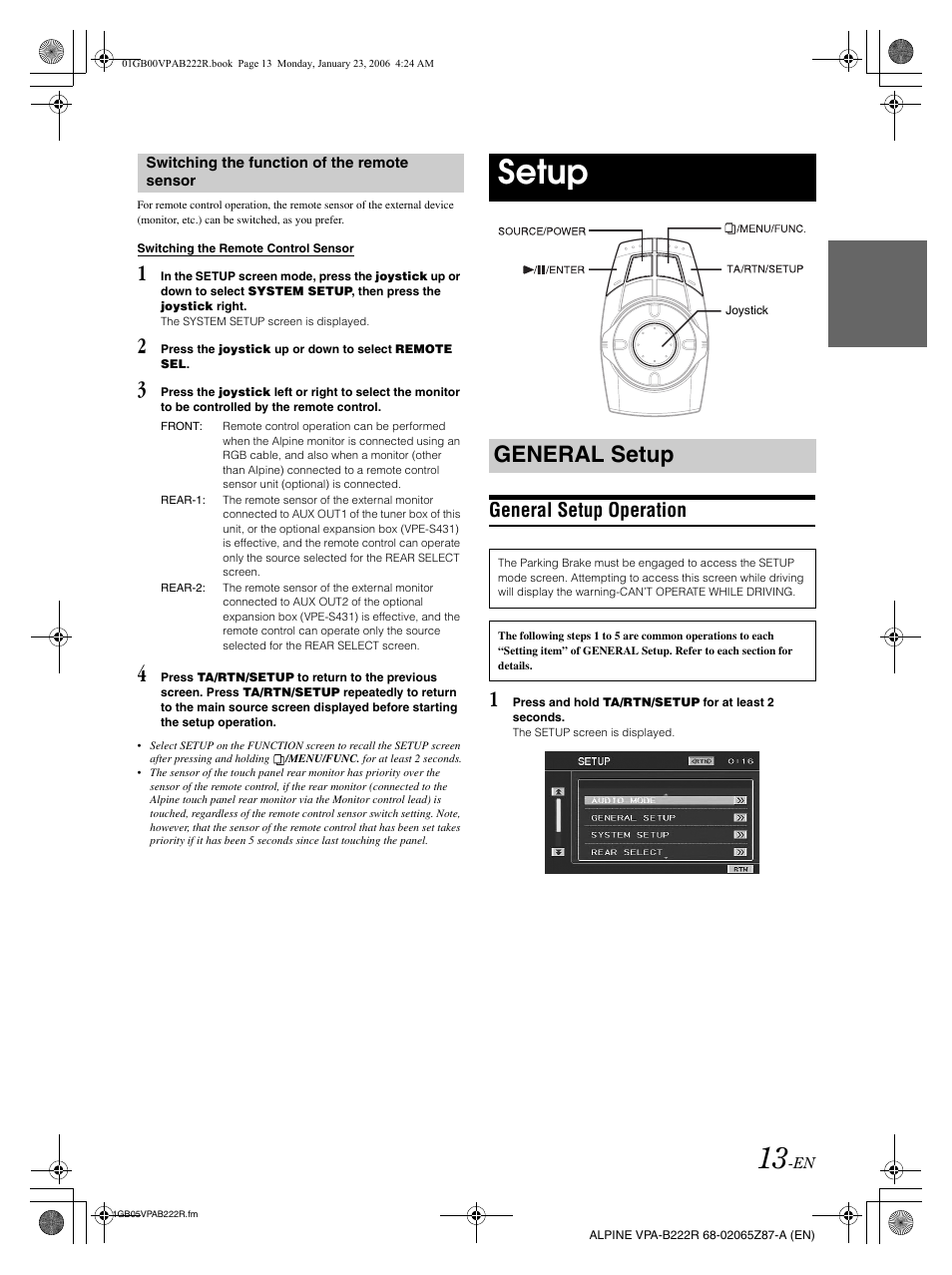 Setup, General setup, General setup operation | Alpine VPA-B222R User Manual | Page 14 / 77