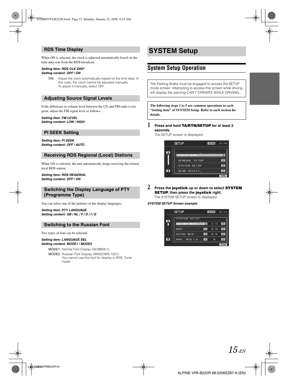 System setup, System setup operation | Alpine VPA-B222R User Manual | Page 16 / 77