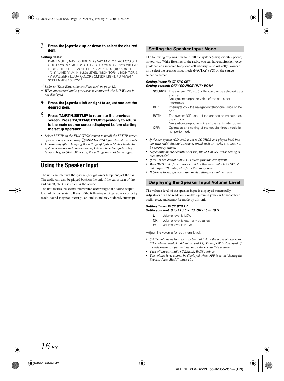 Using the speaker input | Alpine VPA-B222R User Manual | Page 17 / 77