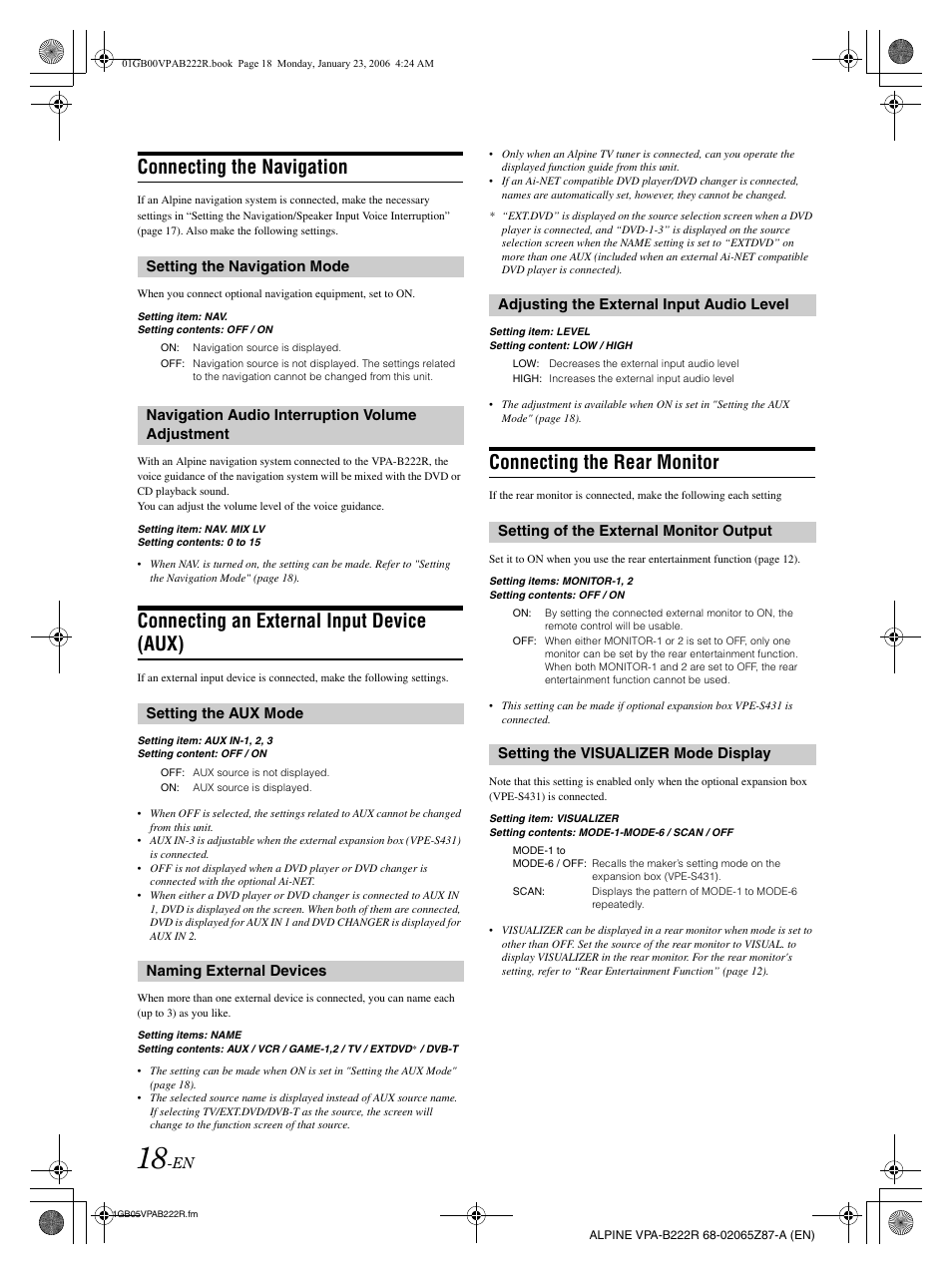 Connecting the navigation, Connecting an external input device (aux), Connecting the rear monitor | Alpine VPA-B222R User Manual | Page 19 / 77