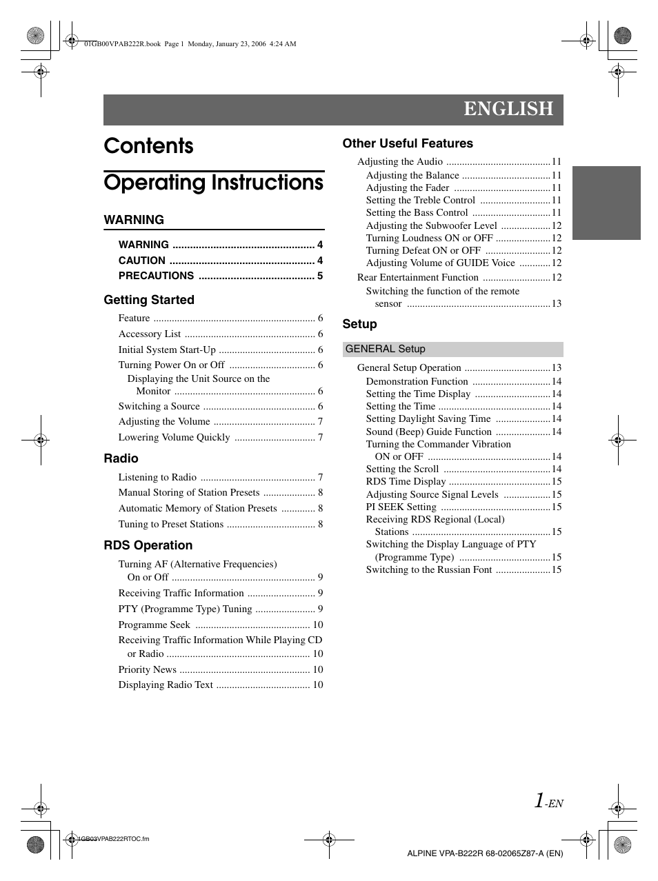Contents operating instructions, English | Alpine VPA-B222R User Manual | Page 2 / 77