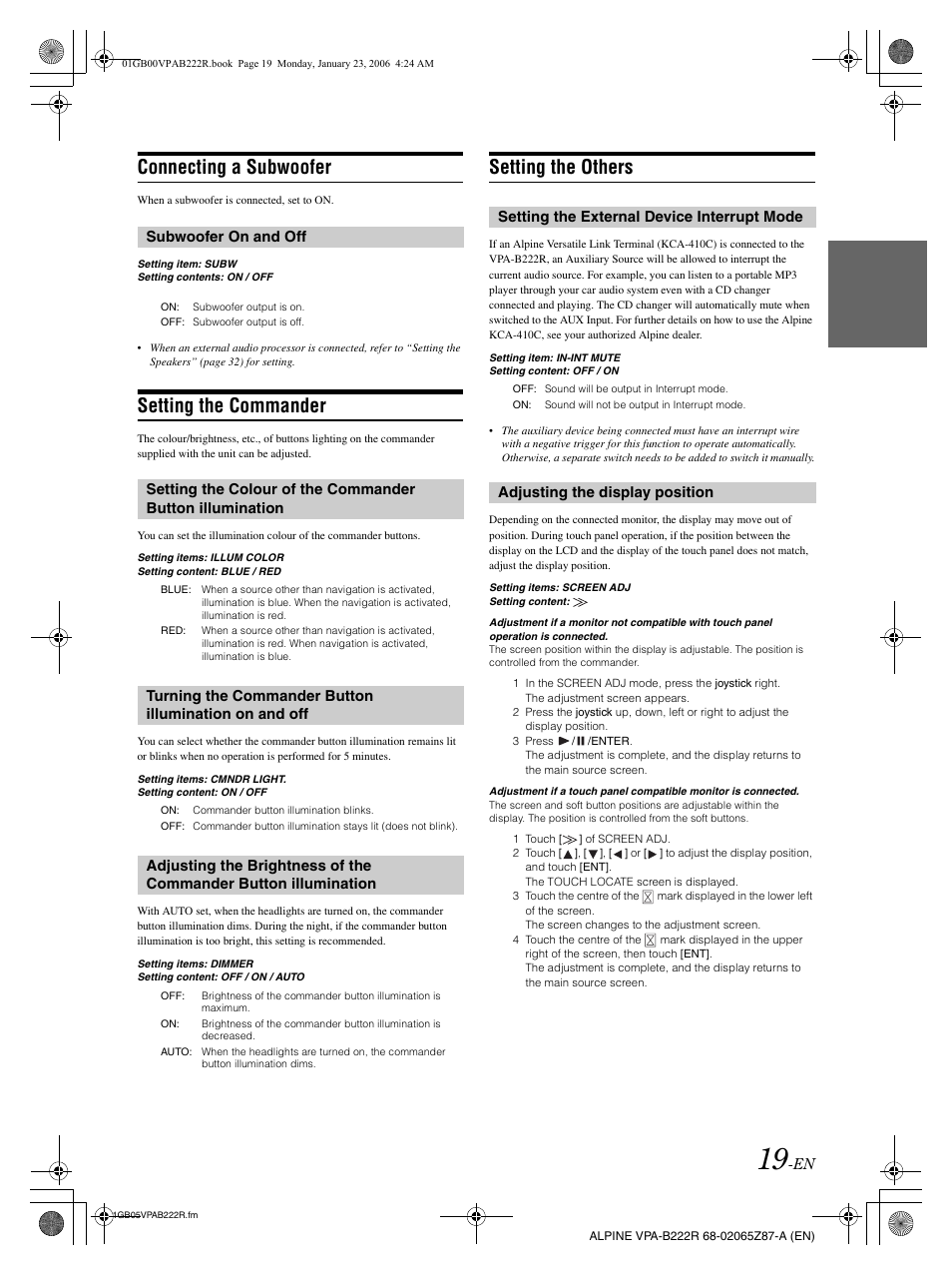 Connecting a subwoofer, Setting the commander, Setting the others | Alpine VPA-B222R User Manual | Page 20 / 77