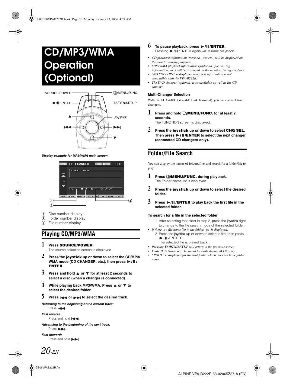 Cd/mp3/wma operation (optional), Playing cd/mp3/wma, Folder/file search | Alpine VPA-B222R User Manual | Page 21 / 77