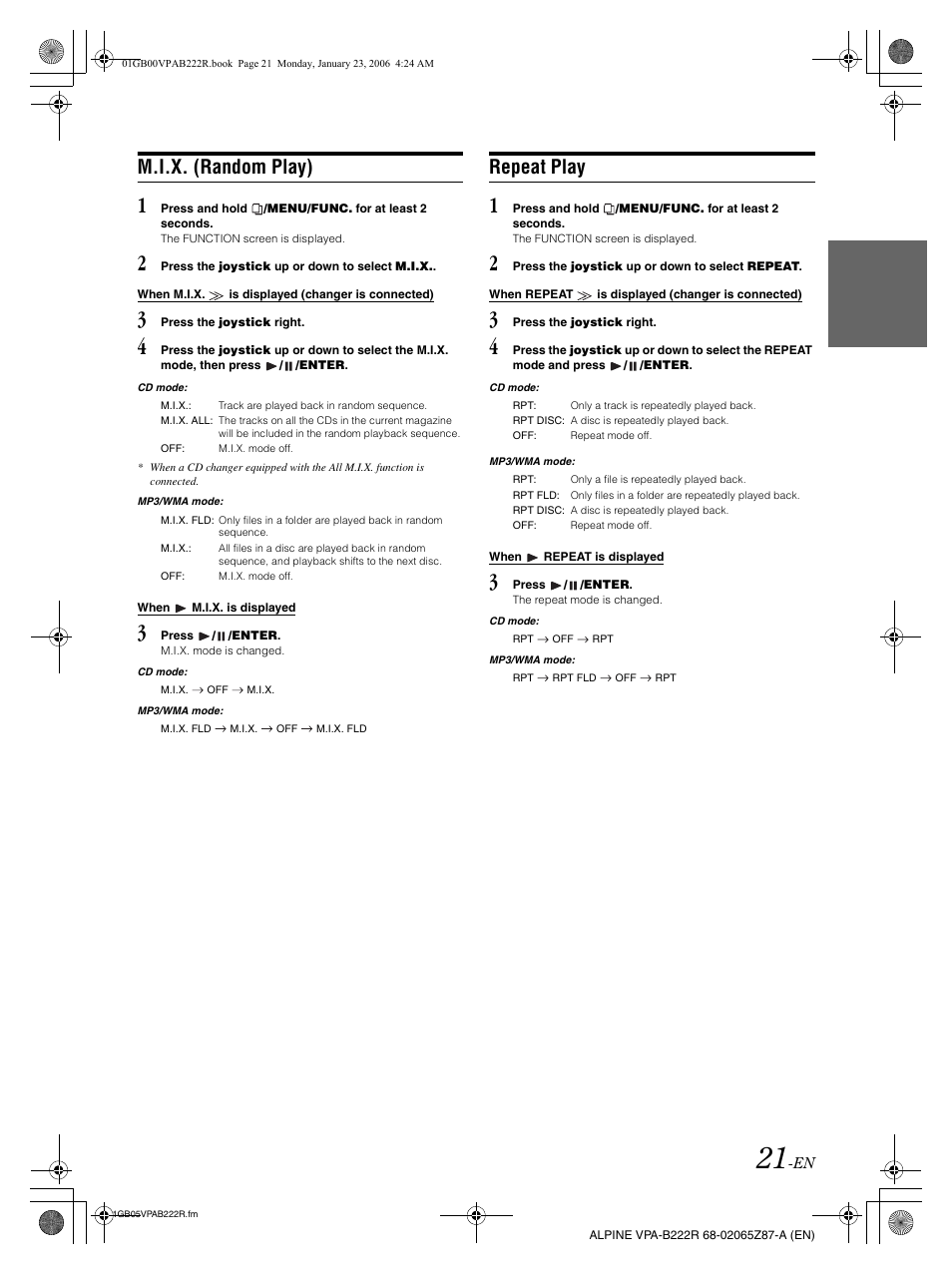 M.i.x. (random play), Repeat play | Alpine VPA-B222R User Manual | Page 22 / 77