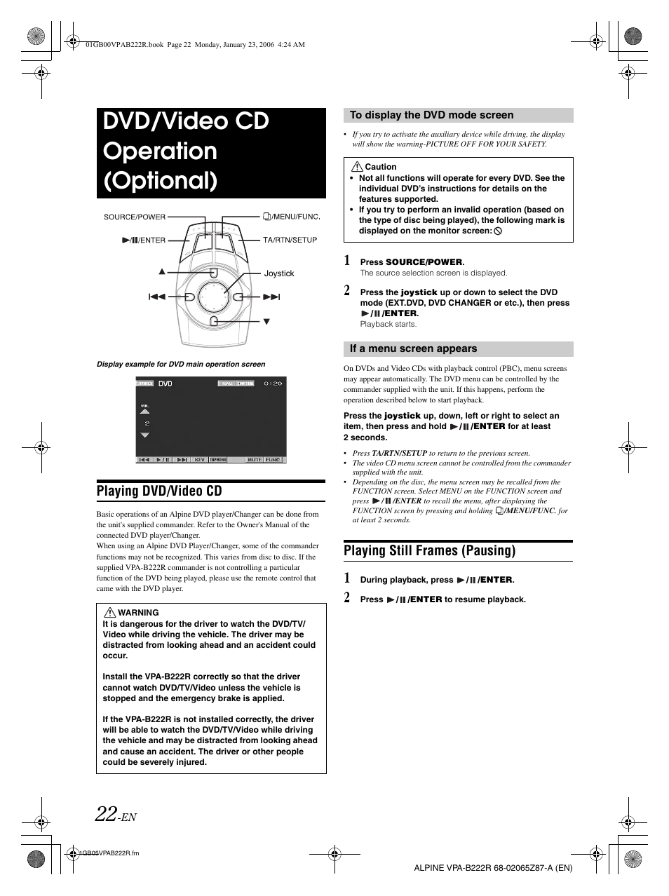 Dvd/video cd operation (optional), Playing dvd/video cd, Playing still frames (pausing) | Alpine VPA-B222R User Manual | Page 23 / 77