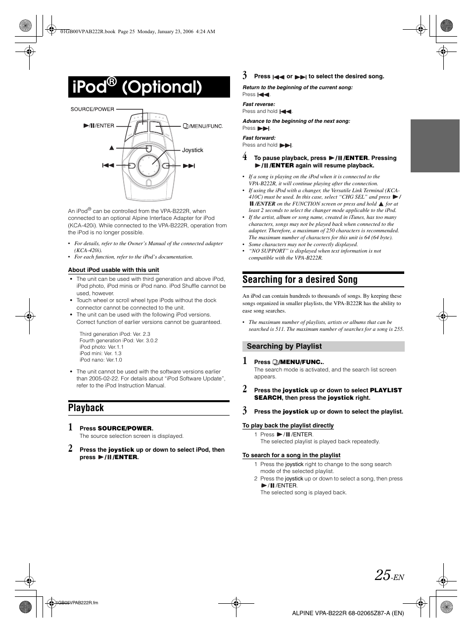 Ipod, Optional), Playback | Searching for a desired song | Alpine VPA-B222R User Manual | Page 26 / 77