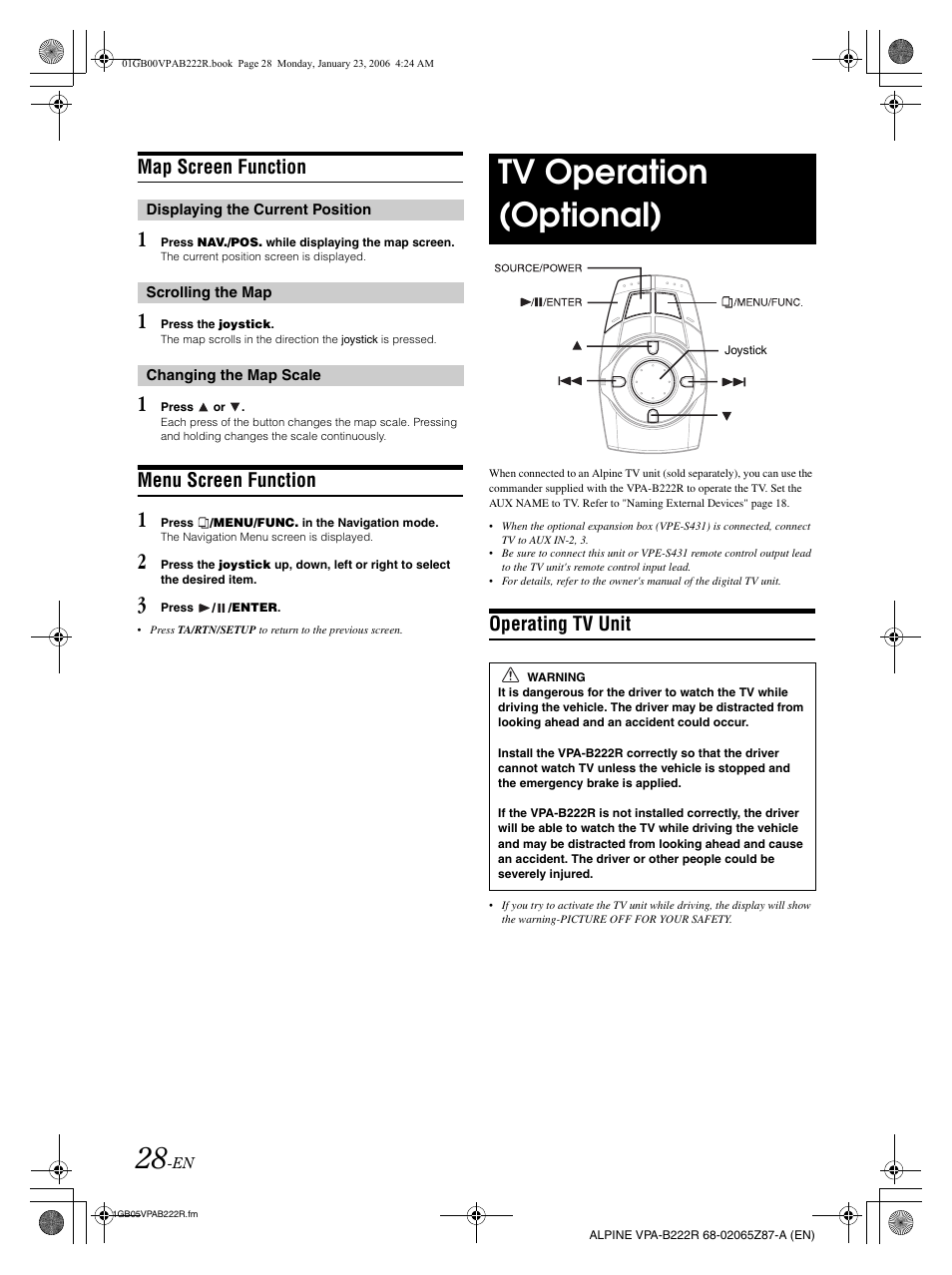 Tv operation (optional), Map screen function, Menu screen function | Operating tv unit | Alpine VPA-B222R User Manual | Page 29 / 77