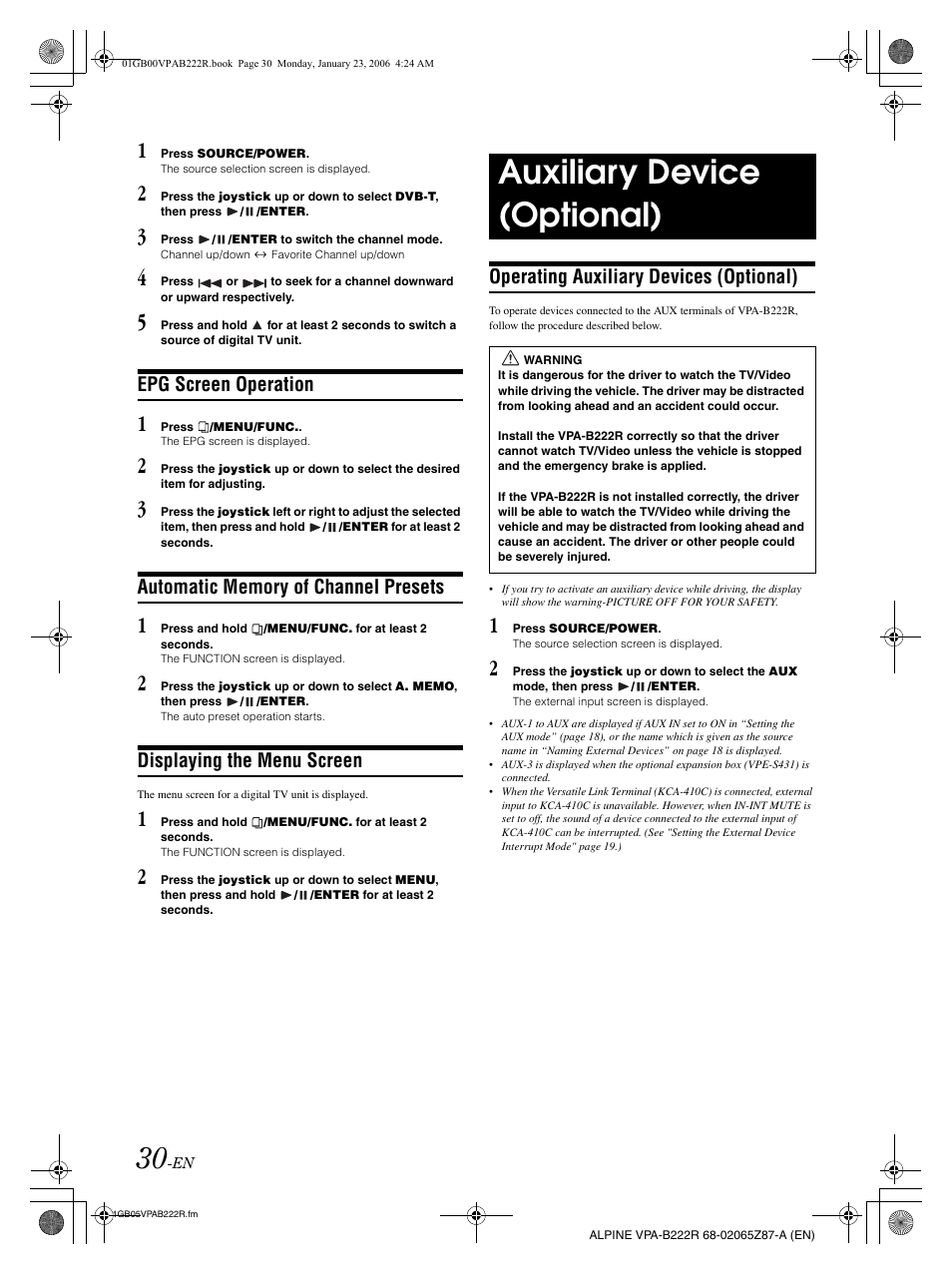 Auxiliary device (optional), Epg screen operation, Displaying the menu screen | Operating auxiliary devices (optional) | Alpine VPA-B222R User Manual | Page 31 / 77