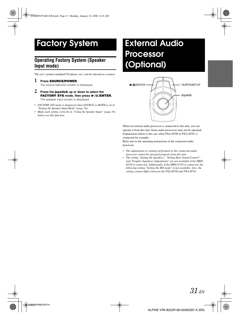 Factory system external audio processor (optional), Operating factory system (speaker input mode) | Alpine VPA-B222R User Manual | Page 32 / 77
