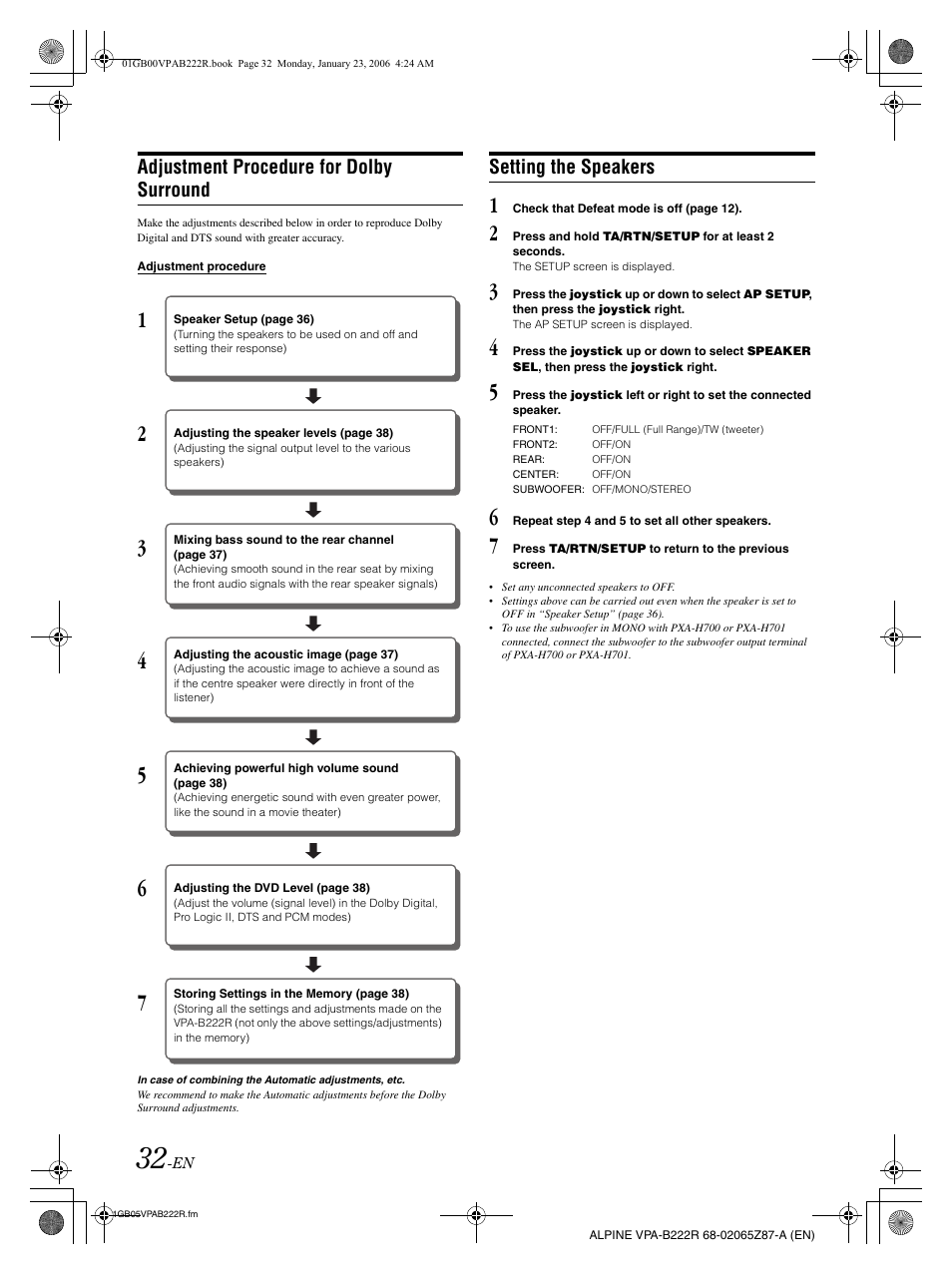 Adjustment procedure for dolby surround, Setting the speakers | Alpine VPA-B222R User Manual | Page 33 / 77