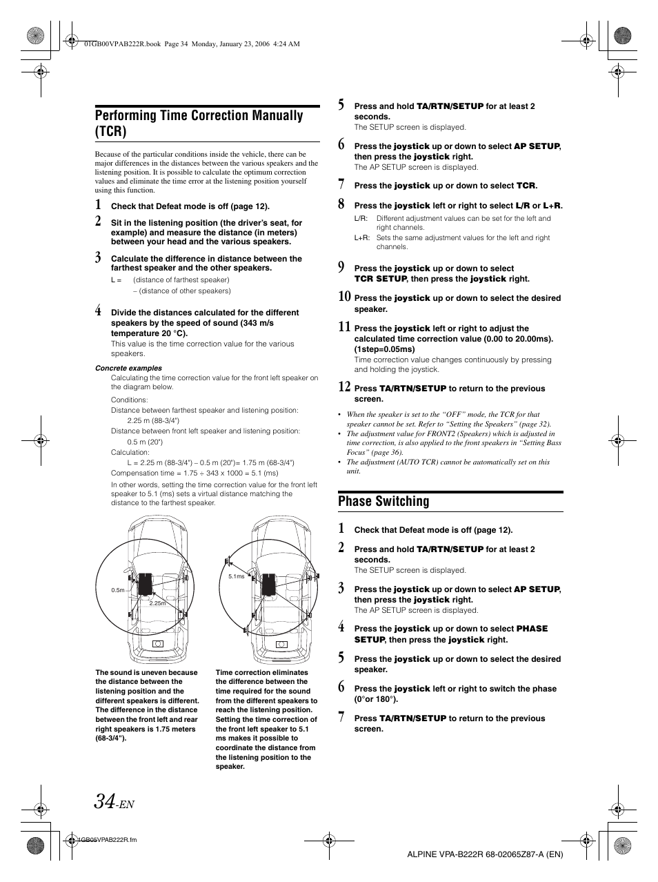 Performing time correction manually (tcr), Phase switching | Alpine VPA-B222R User Manual | Page 35 / 77