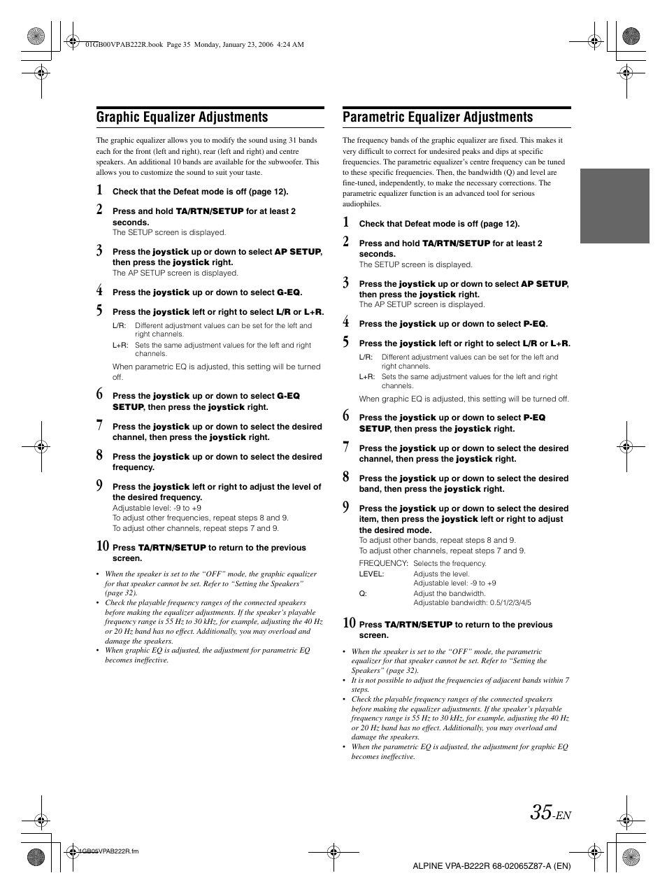 Graphic equalizer adjustments, Parametric equalizer adjustments | Alpine VPA-B222R User Manual | Page 36 / 77