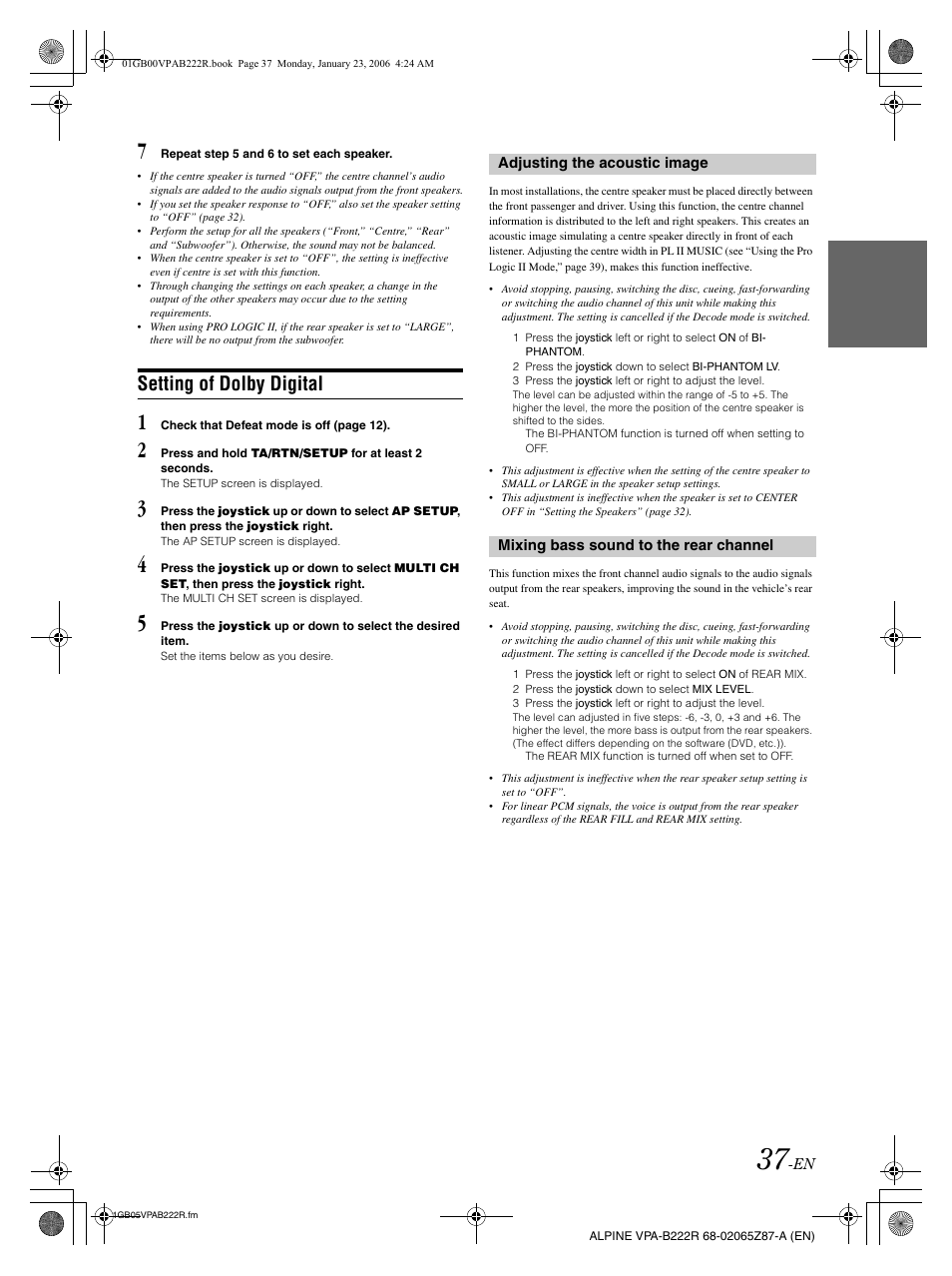 Setting of dolby digital | Alpine VPA-B222R User Manual | Page 38 / 77