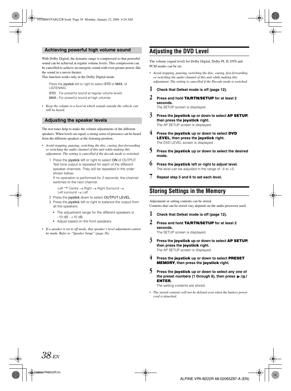Adjusting the dvd level | Alpine VPA-B222R User Manual | Page 39 / 77