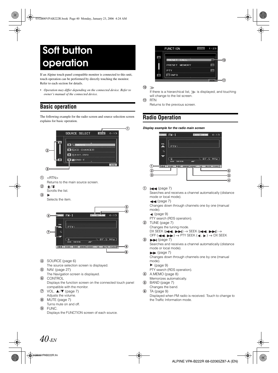 Soft button operation, Basic operation, Radio operation | Alpine VPA-B222R User Manual | Page 41 / 77