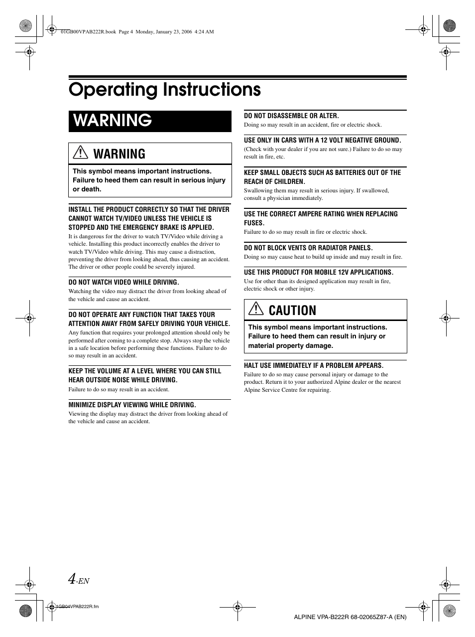 Operating instructions, Warning, Caution | Alpine VPA-B222R User Manual | Page 5 / 77