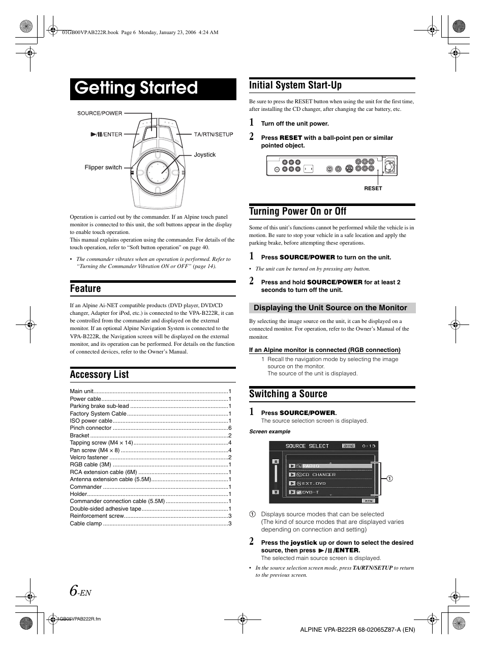 Getting started, Feature, Accessory list | Initial system start-up, Turning power on or off, Switching a source | Alpine VPA-B222R User Manual | Page 7 / 77