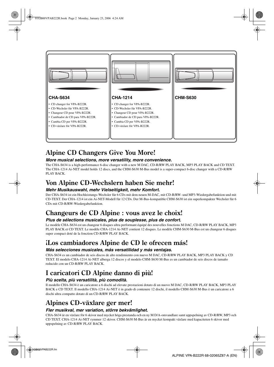 Alpine cd changers give you more, Von alpine cd-wechslern haben sie mehr, Changeurs de cd alpine : vous avez le choix | Los cambiadores alpine de cd le ofrecen más, I caricatori cd alpine danno di più, Alpines cd-växlare ger mer | Alpine VPA-B222R User Manual | Page 74 / 77