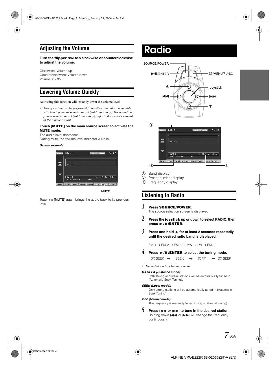 Radio, Adjusting the volume, Lowering volume quickly | Listening to radio | Alpine VPA-B222R User Manual | Page 8 / 77