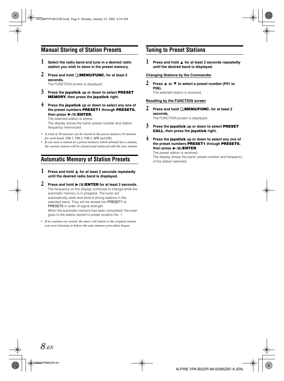 Manual storing of station presets, Tuning to preset stations | Alpine VPA-B222R User Manual | Page 9 / 77