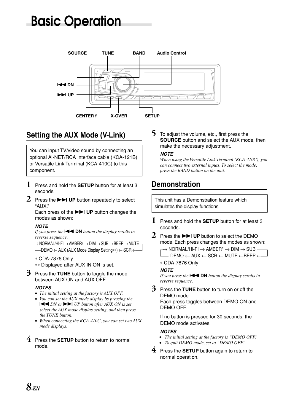 Basic operation, Demonstration, Setting the aux mode (v-link) | Alpine CDA-7876 User Manual | Page 10 / 36