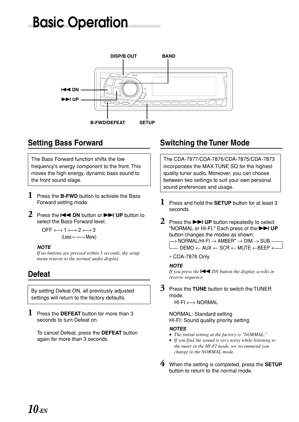 Basic operation, Setting bass forward, Defeat | Switching the tuner mode | Alpine CDA-7876 User Manual | Page 12 / 36